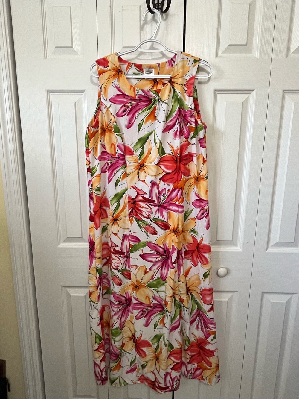 Sleeveless Floral Maxi Dress - White with Pink, Orange & Yellow Flowers